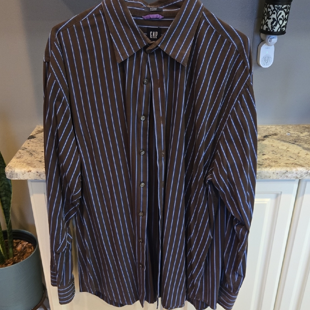 GAP Men's Brown Button-Up Shirt with Blue & White Pinstripes XXL 100% Cotton